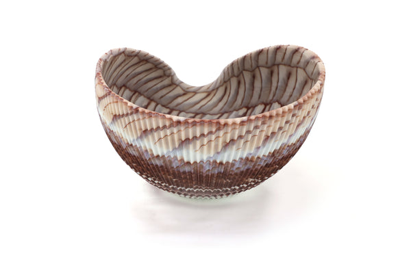 Large Yalos Murano Shell Ivory and Brown Glass Bowl - Folded Glass Centerpiece
