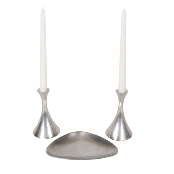 Danish Modern Pewter Candle Holders and Dish Set – Arne Erkers, for Just Andersen - Set of 3