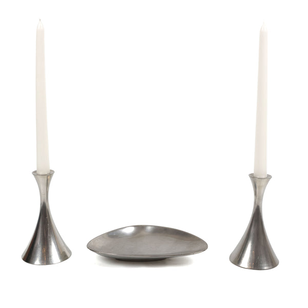 Danish Modern Pewter Candle Holders and Dish Set – Arne Erkers, for Just Andersen - Set of 3