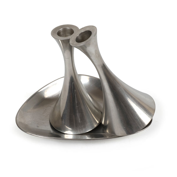 Danish Modern Pewter Candle Holders and Dish Set – Arne Erkers, for Just Andersen - Set of 3