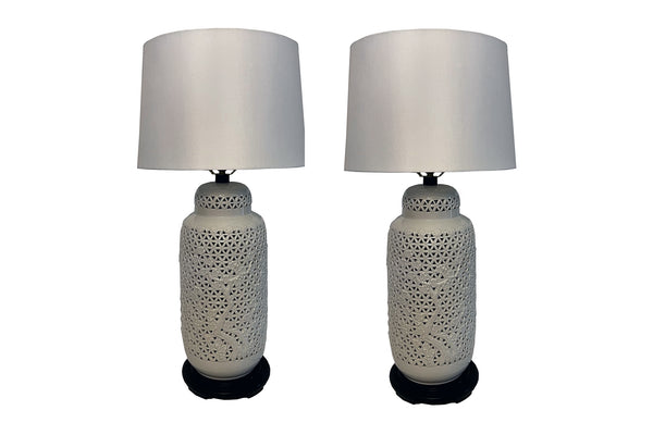 Pair of Mid Century Blanc de Chine Reticulated Ginger Jar Ceramic Table Lamps