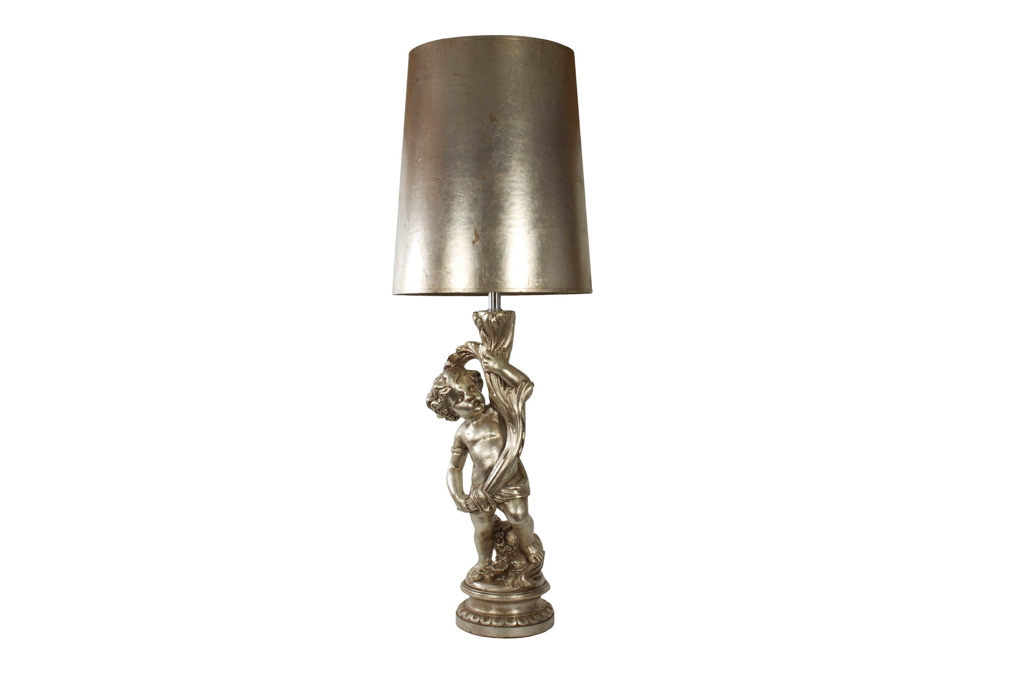 Hollywood Regency 52" Tall Table Lamp with Cherub Base in Antique Silver Leaf Vintage 1970's