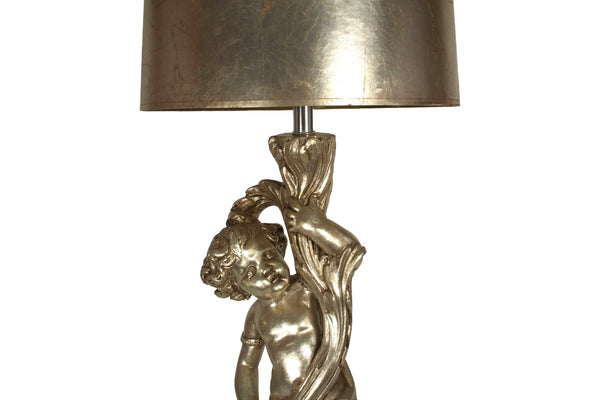 Hollywood Regency 52" Tall Table Lamp with Cherub Base in Antique Silver Leaf Vintage 1970's